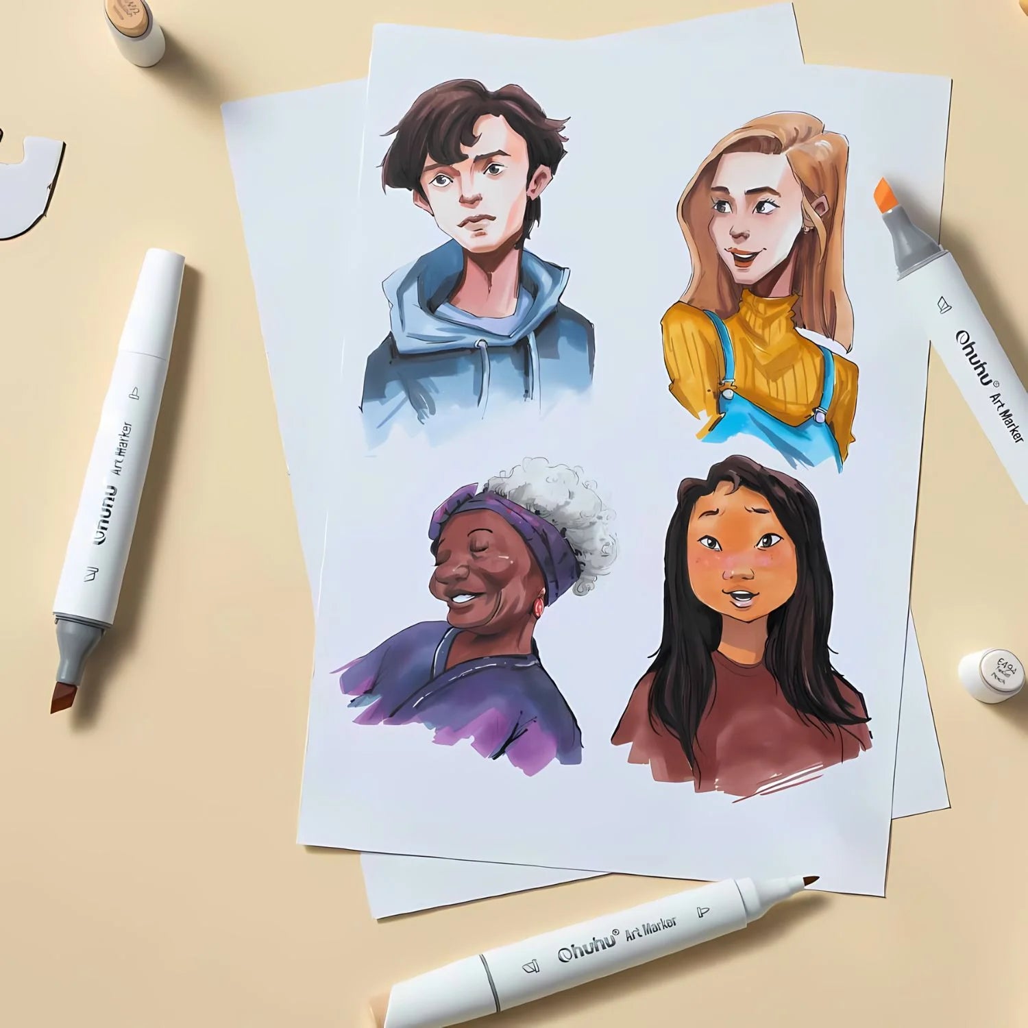 Ohuhu - Set 24 Marcadores al Alcohol Kaala Skin Tones Fina y Biselada