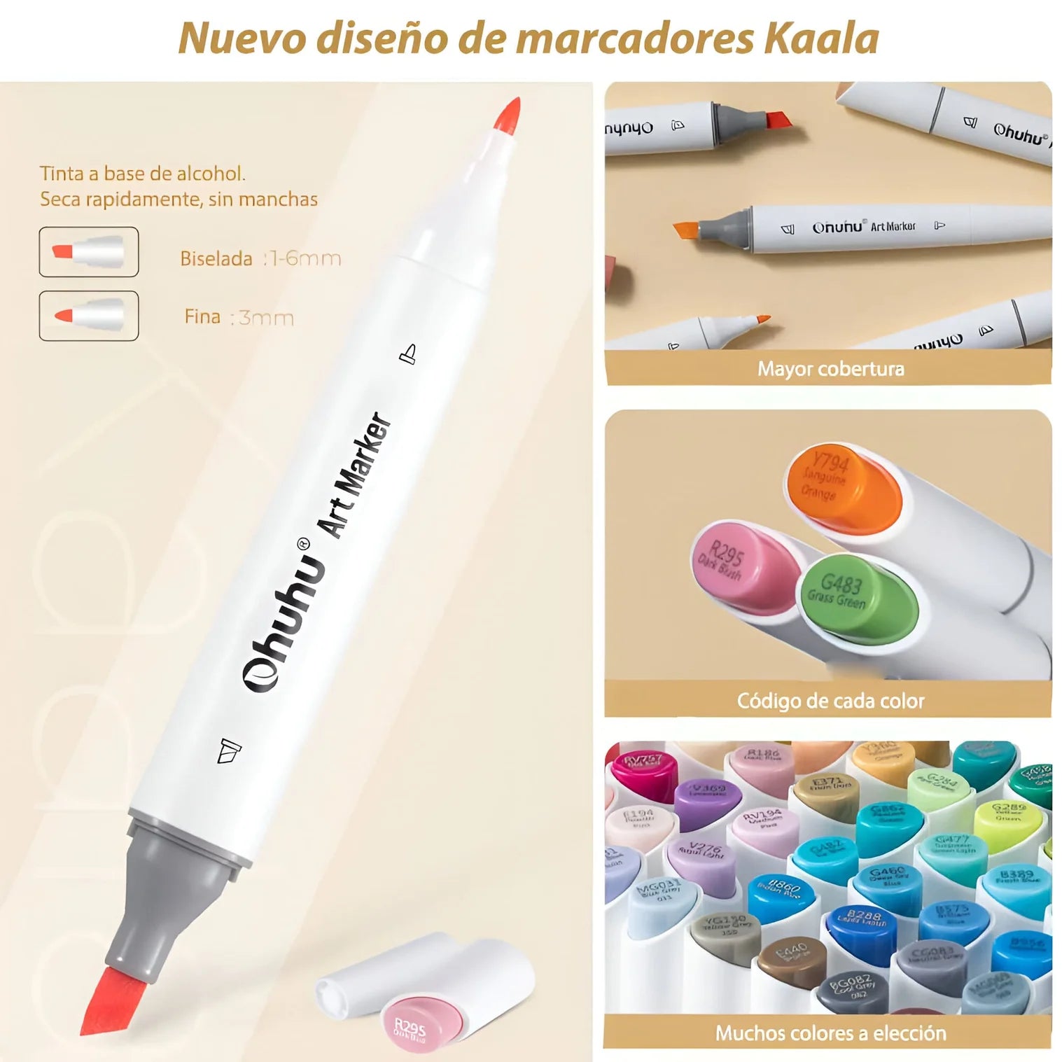 Ohuhu - Set 24 Marcadores al Alcohol Kaala Skin Tones Fina y Biselada