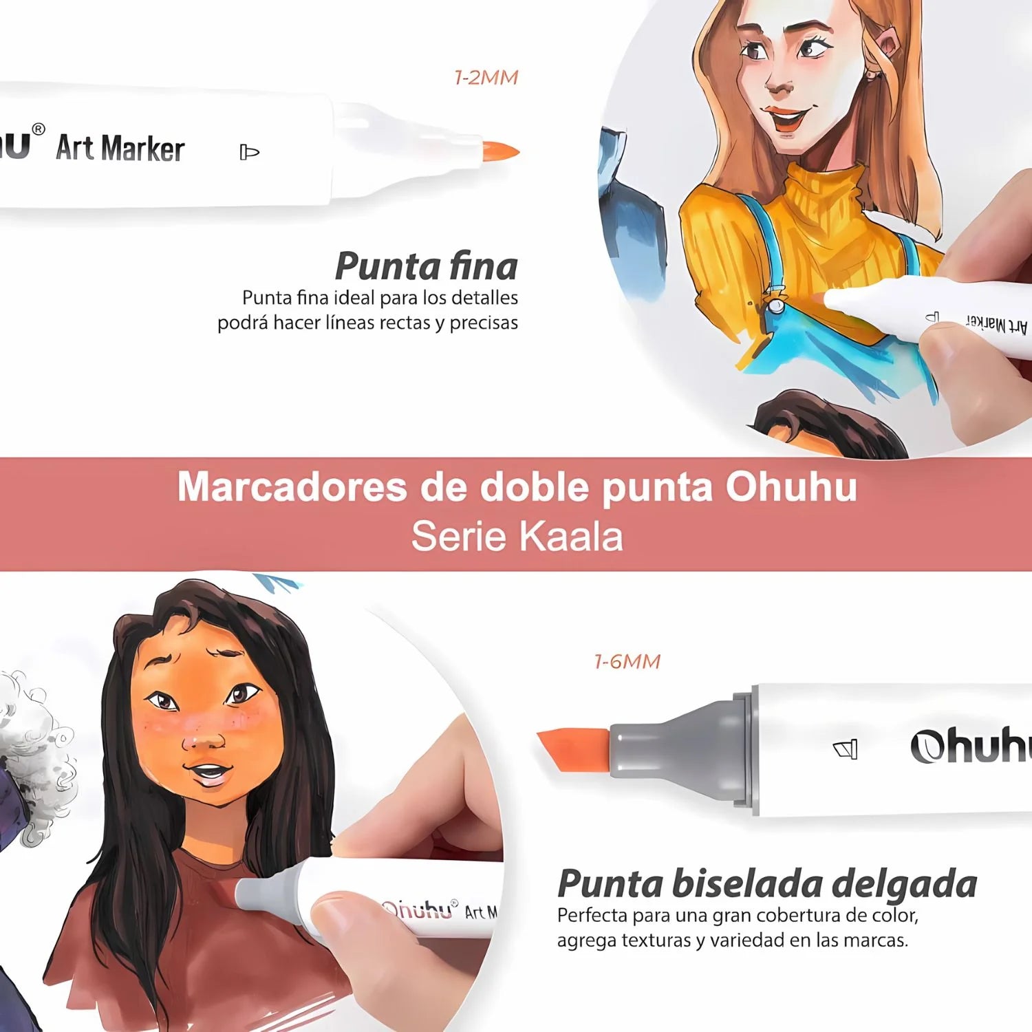 Ohuhu - Set 24 Marcadores al Alcohol Kaala Skin Tones Fina y Biselada